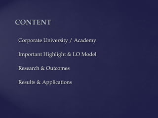 Corporate University /Corporate University / AcademyAcademy
Important Highlight &Important Highlight & LOLO ModelModel
Research & OutcomesResearch & Outcomes
RResults &esults & AApplicationspplications
CONTENTCONTENT
 