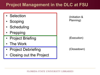 Click to edit Master title style
• Click to edit Master text styles
– Second level
• Third level
– Fourth level
» Fifth level
Project Management in the DLC at FSU
• Selection
• Scoping
• Scheduling
• Prepping
• Project Briefing
• The Work
• Project Debriefing
• Closing out the Project
(Initiation &
Planning)
(Execution)
(Closedown)
 