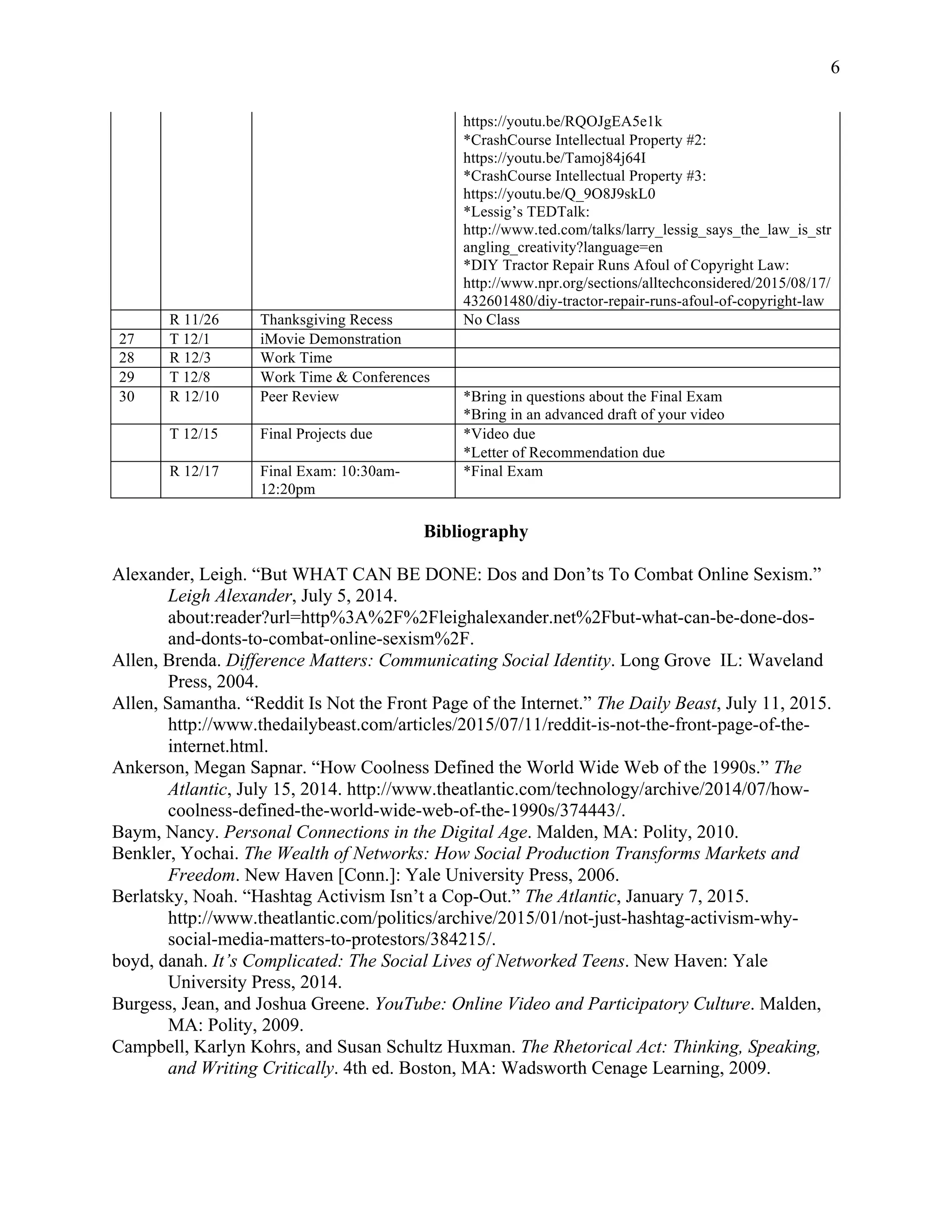 6
https://youtu.be/RQOJgEA5e1k
*CrashCourse Intellectual Property #2:
https://youtu.be/Tamoj84j64I
*CrashCourse Intellectual Property #3:
https://youtu.be/Q_9O8J9skL0
*Lessig’s TEDTalk:
http://www.ted.com/talks/larry_lessig_says_the_law_is_str
angling_creativity?language=en
*DIY Tractor Repair Runs Afoul of Copyright Law:
http://www.npr.org/sections/alltechconsidered/2015/08/17/
432601480/diy-tractor-repair-runs-afoul-of-copyright-law
R 11/26 Thanksgiving Recess No Class
27 T 12/1 iMovie Demonstration
28 R 12/3 Work Time
29 T 12/8 Work Time & Conferences
30 R 12/10 Peer Review *Bring in questions about the Final Exam
*Bring in an advanced draft of your video
T 12/15 Final Projects due *Video due
*Letter of Recommendation due
R 12/17 Final Exam: 10:30am-
12:20pm
*Final Exam
Bibliography
Alexander, Leigh. “But WHAT CAN BE DONE: Dos and Don’ts To Combat Online Sexism.”
Leigh Alexander, July 5, 2014.
about:reader?url=http%3A%2F%2Fleighalexander.net%2Fbut-what-can-be-done-dos-
and-donts-to-combat-online-sexism%2F.
Allen, Brenda. Difference Matters: Communicating Social Identity. Long Grove IL: Waveland
Press, 2004.
Allen, Samantha. “Reddit Is Not the Front Page of the Internet.” The Daily Beast, July 11, 2015.
http://www.thedailybeast.com/articles/2015/07/11/reddit-is-not-the-front-page-of-the-
internet.html.
Ankerson, Megan Sapnar. “How Coolness Defined the World Wide Web of the 1990s.” The
Atlantic, July 15, 2014. http://www.theatlantic.com/technology/archive/2014/07/how-
coolness-defined-the-world-wide-web-of-the-1990s/374443/.
Baym, Nancy. Personal Connections in the Digital Age. Malden, MA: Polity, 2010.
Benkler, Yochai. The Wealth of Networks: How Social Production Transforms Markets and
Freedom. New Haven [Conn.]: Yale University Press, 2006.
Berlatsky, Noah. “Hashtag Activism Isn’t a Cop-Out.” The Atlantic, January 7, 2015.
http://www.theatlantic.com/politics/archive/2015/01/not-just-hashtag-activism-why-
social-media-matters-to-protestors/384215/.
boyd, danah. It’s Complicated: The Social Lives of Networked Teens. New Haven: Yale
University Press, 2014.
Burgess, Jean, and Joshua Greene. YouTube: Online Video and Participatory Culture. Malden,
MA: Polity, 2009.
Campbell, Karlyn Kohrs, and Susan Schultz Huxman. The Rhetorical Act: Thinking, Speaking,
and Writing Critically. 4th ed. Boston, MA: Wadsworth Cenage Learning, 2009.
 