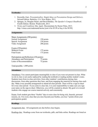 2
Textbooks:
1. Reynolds, Garr. PresentationZen: Simple Ideas on Presentation Design and Delivery.
Second Edition. Berkeley, CA: New Riders, 2011.
2. Sprague, Jo, Douglas Stuart, and David Bodary. The Speaker's Compact Handbook.
Fourth Edition. Boston: Wadsworth, 2013.
3. Terms and Conditions May Apply. Documentary by Hyrax Films, 2013.
http://vimeo.com/ondemand/tacma [rent it for $3.99 or buy it for $9.99]
Assignments:
Major Assignments (500 points):
Journal Assignment 150 points
Speech Assignment 150 points
Video Assignment 200 points
Exams (350 points):
Midterm Exam 175 points
Final Exam 175 points
Participation and Reflection (150 points):
Attendance and Participation 75 points
Letter of Recommendation 75 points
Total possible: 1,000 points
Attendance
Attendance: You cannot participate meaningfully in class if you were not present in class. What
we do in class is not easily replaced by reading the textbook or reading another student’s notes.
Students learn from in-class activities, from other students’ contributions during class
discussions, from other questions they hear, and from engaging the material for during class each
day. Make every possible arrangement to attend all class periods. There will be a sign-in sheet
for every class period. If you come to class late, it is your responsibility to make sure you sign
your name on the sign-in sheet. Otherwise, you will be counted as absent. My goal is to reward
students who engage our course material actively and consistently.
Points: Each student gets three “freebie” days to miss class for being sick, funerals, personal
reasons, etc. For every class that you miss beyond your freebie, you lose 7 points (from your
participation grade)
Readings
Assignments due: All assignments are due before class begins.
Readings due: Readings come from our textbooks, pdfs, and links online. Readings are listed on
 