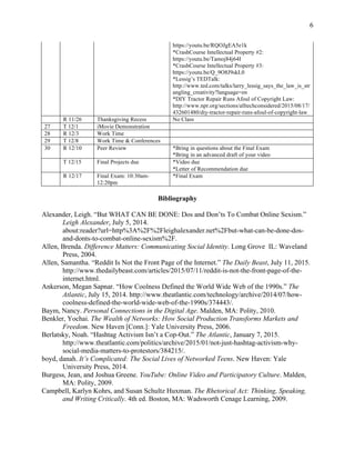 6
https://youtu.be/RQOJgEA5e1k
*CrashCourse Intellectual Property #2:
https://youtu.be/Tamoj84j64I
*CrashCourse Intellectual Property #3:
https://youtu.be/Q_9O8J9skL0
*Lessig’s TEDTalk:
http://www.ted.com/talks/larry_lessig_says_the_law_is_str
angling_creativity?language=en
*DIY Tractor Repair Runs Afoul of Copyright Law:
http://www.npr.org/sections/alltechconsidered/2015/08/17/
432601480/diy-tractor-repair-runs-afoul-of-copyright-law
R 11/26 Thanksgiving Recess No Class
27 T 12/1 iMovie Demonstration
28 R 12/3 Work Time
29 T 12/8 Work Time & Conferences
30 R 12/10 Peer Review *Bring in questions about the Final Exam
*Bring in an advanced draft of your video
T 12/15 Final Projects due *Video due
*Letter of Recommendation due
R 12/17 Final Exam: 10:30am-
12:20pm
*Final Exam
Bibliography
Alexander, Leigh. “But WHAT CAN BE DONE: Dos and Don’ts To Combat Online Sexism.”
Leigh Alexander, July 5, 2014.
about:reader?url=http%3A%2F%2Fleighalexander.net%2Fbut-what-can-be-done-dos-
and-donts-to-combat-online-sexism%2F.
Allen, Brenda. Difference Matters: Communicating Social Identity. Long Grove IL: Waveland
Press, 2004.
Allen, Samantha. “Reddit Is Not the Front Page of the Internet.” The Daily Beast, July 11, 2015.
http://www.thedailybeast.com/articles/2015/07/11/reddit-is-not-the-front-page-of-the-
internet.html.
Ankerson, Megan Sapnar. “How Coolness Defined the World Wide Web of the 1990s.” The
Atlantic, July 15, 2014. http://www.theatlantic.com/technology/archive/2014/07/how-
coolness-defined-the-world-wide-web-of-the-1990s/374443/.
Baym, Nancy. Personal Connections in the Digital Age. Malden, MA: Polity, 2010.
Benkler, Yochai. The Wealth of Networks: How Social Production Transforms Markets and
Freedom. New Haven [Conn.]: Yale University Press, 2006.
Berlatsky, Noah. “Hashtag Activism Isn’t a Cop-Out.” The Atlantic, January 7, 2015.
http://www.theatlantic.com/politics/archive/2015/01/not-just-hashtag-activism-why-
social-media-matters-to-protestors/384215/.
boyd, danah. It’s Complicated: The Social Lives of Networked Teens. New Haven: Yale
University Press, 2014.
Burgess, Jean, and Joshua Greene. YouTube: Online Video and Participatory Culture. Malden,
MA: Polity, 2009.
Campbell, Karlyn Kohrs, and Susan Schultz Huxman. The Rhetorical Act: Thinking, Speaking,
and Writing Critically. 4th ed. Boston, MA: Wadsworth Cenage Learning, 2009.
 