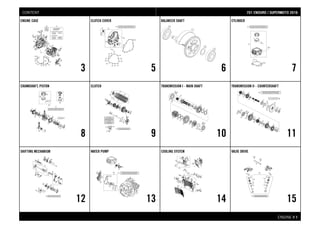 ENGINE # 11
ENGINE CASE
3
CLUTCH COVER
5
BALANCER SHAFT
6
CYLINDER
7
CRANKSHAFT, PISTON
8
CLUTCH
9
TRANSMISSION I - MAIN SHAFT
10
TRANSMISSION II - COUNTERSHAFT
11
SHIFTING MECHANISM
12
WATER PUMP
13
COOLING SYSTEM
14
VALVE DRIVE
15
770011 EENNDDUURROO // SSUUPPEERRMMOOTTOO 22001166CONTENT
 