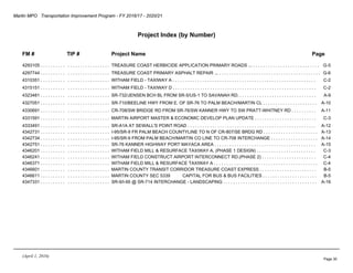 Martin MPO Transportation Improvement Program - FY 2016/17 - 2020/21
Project Index (by Number)
FM # TIP # Project Name Page
4293105 . . . . . . . . . . . . . . . . . . . . . . . . . . . TREASURE COAST HERBICIDE APPLICATION PRIMARY ROADS ... . . . . . . . . . . . . . . . . . . . . . . . . . . . G-5
4297744 . . . . . . . . . . . . . . . . . . . . . . . . . . . TREASURE COAST PRIMARY ASPHALT REPAIR ... . . . . . . . . . . . . . . . . . . . . . . . . . . . . . . . . . . . . . . . . . G-6
4310351 . . . . . . . . . . . . . . . . . . . . . . . . . . . WITHAM FIELD - TAXIWAY A . . . . . . . . . . . . . . . . . . . . . . . . . . . . . . . . . . . . . . . . . . . . . . . . . . . . . . . . . . C-2
4315151 . . . . . . . . . . . . . . . . . . . . . . . . . . . WITHAM FIELD - TAXIWAY D . . . . . . . . . . . . . . . . . . . . . . . . . . . . . . . . . . . . . . . . . . . . . . . . . . . . . . . . . . C-2
4323481 . . . . . . . . . . . . . . . . . . . . . . . . . . . SR-732/JENSEN BCH BL FROM SR-5/US-1 TO SAVANAH RD. . . . . . . . . . . . . . . . . . . . . . . . . . . . . . . . A-9
4327051 . . . . . . . . . . . . . . . . . . . . . . . . . . . SR-710/BEELINE HWY FROM E. OF SR-76 TO PALM BEACH/MARTIN CL . . . . . . . . . . . . . . . . . . . . . . A-10
4330691 . . . . . . . . . . . . . . . . . . . . . . . . . . . CR-708/SW BRIDGE RD FROM SR-76/SW KANNER HWY TO SW PRATT-WHITNEY RD . . . . . . . . . . A-11
4331591 . . . . . . . . . . . . . . . . . . . . . . . . . . . MARTIN AIRPORT MASTER & ECONOMIC DEVELOP PLAN UPDATE . . . . . . . . . . . . . . . . . . . . . . . . . C-3
4333491 . . . . . . . . . . . . . . . . . . . . . . . . . . . SR-A1A AT SEWALL'S POINT ROAD . . . . . . . . . . . . . . . . . . . . . . . . . . . . . . . . . . . . . . . . . . . . . . . . . . . . A-12
4342731 . . . . . . . . . . . . . . . . . . . . . . . . . . . I-95/SR-9 FR PALM BEACH COUNTYLINE TO N OF CR-807/SE BRDG RD . . . . . . . . . . . . . . . . . . . . . . A-13
4342734 . . . . . . . . . . . . . . . . . . . . . . . . . . . I-95/SR-9 FROM PALM BEACH/MARTIN CO LINE TO CR-708 INTERCHANGE . . . . . . . . . . . . . . . . . . . A-14
4342751 . . . . . . . . . . . . . . . . . . . . . . . . . . . SR-76 KANNER HIGHWAY PORT MAYACA AREA . . . . . . . . . . . . . . . . . . . . . . . . . . . . . . . . . . . . . . . . . A-15
4346201 . . . . . . . . . . . . . . . . . . . . . . . . . . . WITHAM FIELD MILL & RESURFACE TAXIWAY A, (PHASE 1 DESIGN) . . . . . . . . . . . . . . . . . . . . . . . . C-3
4346241 . . . . . . . . . . . . . . . . . . . . . . . . . . . WITHAM FIELD CONSTRUCT AIRPORT INTERCONNECT RD.(PHASE 2) . . . . . . . . . . . . . . . . . . . . . . C-4
4346371 . . . . . . . . . . . . . . . . . . . . . . . . . . . WITHAM FIELD MILL & RESURFACE TAXIWAY A . . . . . . . . . . . . . . . . . . . . . . . . . . . . . . . . . . . . . . . . . . C-4
4346601 . . . . . . . . . . . . . . . . . . . . . . . . . . . MARTIN COUNTY TRANSIT CORRIDOR TREASURE COAST EXPRESS . . . . . . . . . . . . . . . . . . . . . . . B-5
4346611 . . . . . . . . . . . . . . . . . . . . . . . . . . . MARTIN COUNTY SEC 5339 CAPITAL FOR BUS & BUS FACILITIES . . . . . . . . . . . . . . . . . . . . . . B-5
4347331 . . . . . . . . . . . . . . . . . . . . . . . . . . . SR-9/I-95 @ SR-714 INTERCHANGE - LANDSCAPING . . . . . . . . . . . . . . . . . . . . . . . . . . . . . . . . . . . . . . A-16
(April 1, 2016)
Page 30
 