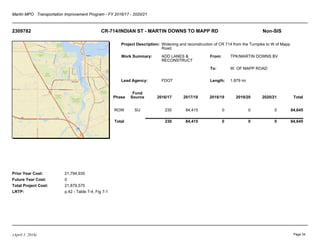 Martin MPO Transportation Improvement Program - FY 2016/17 - 2020/21
2309782 CR-714/INDIAN ST - MARTIN DOWNS TO MAPP RD Non-SIS
Project Description:
Work Summary:
Lead Agency:
From:
To:
Length:
Prior Year Cost:
Future Year Cost:
Total Project Cost:
LRTP:
Widening and reconstruction of CR 714 from the Turnpike to W of Mapp
Road.
ADD LANES &
RECONSTRUCT
FDOT
TPK/MARTIN DOWNS BV
W. OF MAPP ROAD
1.879 mi
21,794,930
0
21,879,575
p.42 - Table 7-4, Fig 7-1
Phase
Fund
Source 2016/17 2017/18 2018/19 2019/20 2020/21 Total
ROW SU 230 84,415 0 0 0 84,645
Total 230 84,415 0 0 0 84,645
(April 1, 2016) Page 34
 