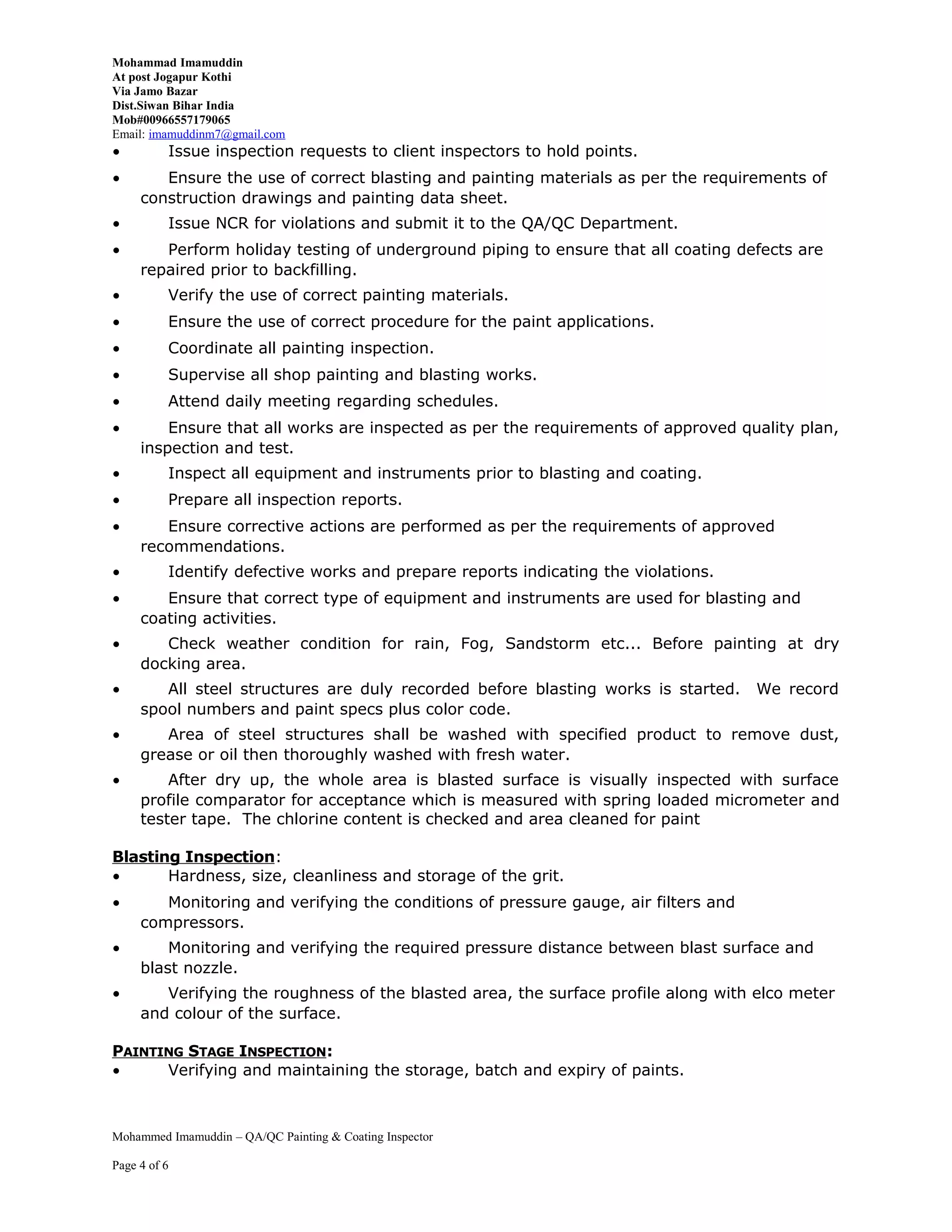 QA_QC PAINTING & COATING INSPECTOR - MOHAMMED IMAMUDDIN | PDF | Free ...
