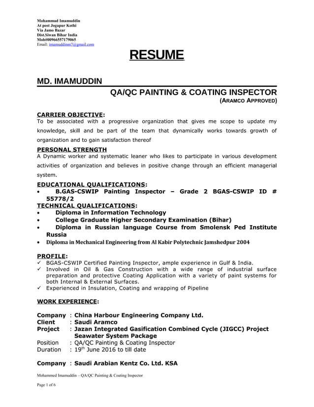 QA_QC PAINTING & COATING INSPECTOR MOHAMMED IMAMUDDIN PDF