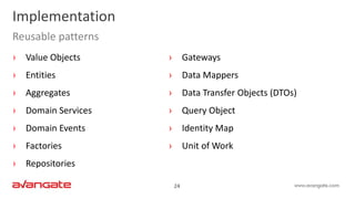 24
Implementation
Reusable patterns
› Value Objects
› Entities
› Aggregates
› Domain Services
› Domain Events
› Factories
› Repositories
› Gateways
› Data Mappers
› Data Transfer Objects (DTOs)
› Query Object
› Identity Map
› Unit of Work
 