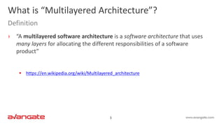 3
› “A multilayered software architecture is a software architecture that uses
many layers for allocating the different responsibilities of a software
product”
 https://en.wikipedia.org/wiki/Multilayered_architecture
What is “Multilayered Architecture”?
Definition
 