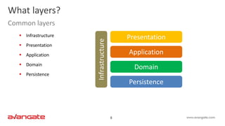 8
 Infrastructure
 Presentation
 Application
 Domain
 Persistence
What layers?
Common layers
Presentation
Application
Domain
Persistence
Infrastructure
 