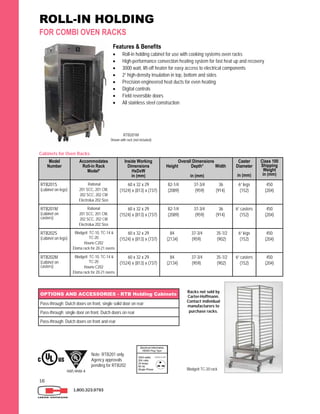 16
1.800.323.9793
ROLL-IN HOLDING
FOR COMBI OVEN RACKS
NSF/ANSI 4
Note: RTB201 only.
Agency approvals
pending for RTB202
Racks not sold by
Carter-Hoffmann.
Contact individual
manufacturers to
purchase racks.
Features & Benefits
 Roll-in holding cabinet for use with cooking systems oven racks
 High-performance convection heating system for fast heat up and recovery
 3000 watt, lift-off heater for easy access to electrical components
 2” high-density insulation in top, bottom and sides
 Precision-engineered heat ducts for even heating
 Digital controls
 Field reversible doors
 All stainless steel construction
Cabinets for Oven Racks
Model
Number
Accommodates
Roll-in Rack
Model*
Inside Working
Dimensions
HxDxW
in (mm)
Overall Dimensions
Height Depth* Width
in (mm)
Caster
Diameter
in (mm)
Class 100
Shipping
Weight
in (mm)
RTB201S
(cabinet on legs)
Rational
201 SCC, 201 CM,
202 SCC, 202 CM
Electrolux 202 Size
60 x 32 x 29
(1524) x (813) x (737)
82-1/4 37-3/4 36
(2089) (959) (914)
6” legs
(152)
450
(204)
RTB201M
(cabinet on
casters)
Rational
201 SCC, 201 CM,
202 SCC, 202 CM
Electrolux 202 Size
60 x 32 x 29
(1524) x (813) x (737)
82-1/4 37-3/4 36
(2089) (959) (914)
6” casters
(152)
450
(204)
RTB202S
(cabinet on legs)
Blodgett TC-10, TC-14 &
TC-20
Houno C202
Eloma rack for 20-21 ovens
60 x 32 x 29
(1524) x (813) x (737)
84 37-3/4 35-1/2
(2134) (959) (902)
6” legs
(152)
450
(204)
RTB202M
(cabinet on
casters)
Blodgett TC-10, TC-14 &
TC-20
Houno C202
Eloma rack for 20-21 ovens
60 x 32 x 29
(1524) x (813) x (737)
84 37-3/4 35-1/2
(2134) (959) (902)
6” casters
(152)
450
(204)
RTB201M
Shown with rack (not included)
Blodgett TC-20 rack
OPTIONS AND ACCESSORIES - RTB Holding Cabinets
Pass-through; Dutch doors on front, single solid door on rear
Pass-through; single door on front, Dutch doors on rear
Pass-through; Dutch doors on front and rear
 
