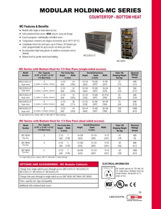 19
MC Features & Benefits
 Models with single or dual-sided access
 Self-contained food covers; NEW easy-in, easy-out design
 Easy to program—individually controlled zones
 Temperature control in one degree increments up to 195°F (91°C)
 Countdown timers for each pan—up to 9 hours, 59 minutes per
zone; programmable for up to six pre-set times per timer
 Accommodate high temp plastic or stainless steel pans (not in-
cluded)
 Bottom heat for gentle moist food holding
1.800.323.9793
ELECTRICAL INFORMATION
All models operate on 120 volts, 60
Hz, single phase. Wattage varies by
model number. All operate on 15
amps or less.
OPTIONS AND ACCESSORIES - MC Modular Cabinets
Change from single-sided to pass-through access (MC213GS-2T, MC223GS-2T,
MC212GS-2T, MC243GS-2T, MC423GS-2T)
Pans—specify size, type and quantity
Additional self-contained food covers
Change from pass-through to single-sided access (MC1W3H, MC1W4H, MC1W5H)
For dual-sided access, replace suffix “S” with suffix “P” when ordering.
MC Series with Bottom Heat for 1/3 Size Pans (single-sided access)
Model
Number
Pan Capacity
6-7/8” x 12-3/4” x 2-1/2”
(1/3 Size Pans)
Pan Cavity Size
Height Width
in (mm)
Overall Dimensions
Height Depth Width
in (mm)
Class 100
Shipping Weight
lbs (kg)
Electrical
Wattage
(Amps)
MC213GS-2T 2
(2 cavities, 2 controls, 2 timers)
2-1/2 14
(64) (355)
14-1/4 15-5/8 9-7/8
(362) (397) (251)
37
(17)
400
(3.3)
MC223GS-2T 4
(2 cavities, 2 controls, 4 timers)
2-1/2 14
(64) (355)
14-1/4 15-5/8 16-3/4
(362) (397) (425)
50
(23)
500
(4.2)
MC212GS-2T 6
(2 cavities, 2 controls, 6 timers)
2-1/2 14
(64) (355)
12-1/2 15-5/8 23-7/16
(318) (397) (595)
65
(29)
600
(5.0)
MC243GS-2T 8
(2 cavities, 2 controls, 8 timers)
2-1/2 28
(64) (711)
12-1/2 15-5/8 30-7/8
(318) (397) (784)
75
(34)
600
(5.0)
MC423GS-2T 8
(4 cavities, 4 controls, 8 timers)
2-1/2 14
(64) (355)
18-1/4 15-5/8 30-7/8
(464) (397) (784)
120
(54)
1000
(8.3)
Single-sided
Single-sided
Single-sided
Single-sided
Single-sided
MODULAR HOLDING-MC SERIES
COUNTERTOP - BOTTOM HEAT
MC1W4H
MC Series with Bottom Heat for 1/3 Size Pans (dual sided access)
For single-sided access, replace suffix “H” with suffix “S” when ordering.
Model
Number
Pan Capacity
6-7/8” x 12-3/4” x 2-1/2”
(1/3 Size Pans)
Pan Cavity Size
Height Width
in (mm)
Overall Dimensions
Height Depth Width
in (mm)
Class 100
Shipping Weight
lbs (kg)
Electrical
Wattage
(Amps)
MC1W3H 3 2-1/2 7
(64) (178)
16-5/8 15-1/4 9-1/2
(422) (387) (241)
42
(19)
600
(5)
MC1W4H 4 2-1/2 7
(64) (178)
21-5/8 15-1/4 9-1/2
(543) (387) (241)
58
(26)
800
(6.7)
MC1W5H 5 2-1/2 7
(64) (178)
26-5/8 15-1/4 9-1/2
(676) (387) (241)
64
(29)
1000
(8.3)
Pass-thru
Pass-thru
Pass-thru
MC223GS-2T
 