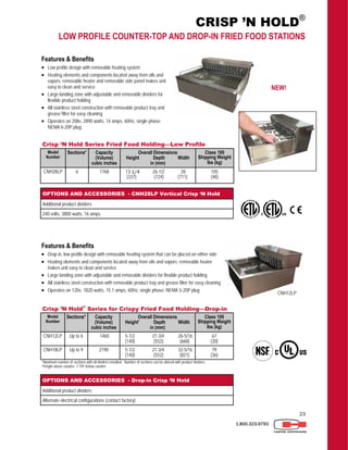 23
1.800.323.9793
CRISP ’N HOLD®
LOW PROFILE COUNTER-TOP AND DROP-IN FRIED FOOD STATIONS
OPTIONS AND ACCESSORIES - CNH28LP Vertical Crisp ‘N Hold
Additional product dividers
240 volts, 3800 watts, 16 amps
Features & Benefits
 Low profile design with removable heating system
 Heating elements and components located away from oils and
vapors; removable heater and removable side panel makes unit
easy to clean and service
 Large landing zone with adjustable and removable dividers for
flexible product holding
 All stainless steel construction with removable product tray and
grease filter for easy cleaning
 Operates on 208v, 2890 watts, 14 amps, 60Hz, single phase;
NEMA 6-20P plug
Crisp ‘N Hold Series Fried Food Holding—Low Profile
Model
Number
Sections* Capacity
(Volume)
cubic inches
Overall Dimensions
Height Depth Width
in (mm)
Class 100
Shipping Weight
lbs (kg)
CNH28LP 6 1768 13-1/4 26-1/2 28
(337) (724) (711)
105
(48)
CNH12LP
Features & Benefits
 Drop-in, low profile design with removable heating system that can be placed on either side
 Heating elements and components located away from oils and vapors; removable heater
makes unit easy to clean and service
 Large landing zone with adjustable and removable dividers for flexible product holding
 All stainless steel construction with removable product tray and grease filter for easy cleaning
 Operates on 120v, 1820 watts, 15.1 amps, 60Hz, single phase; NEMA 5-20P plug
Crisp ’N Hold®
Series for Crispy Fried Food Holding—Drop-in
Model
Number
Sections* Capacity
(Volume)
cubic inches
Overall Dimensions
Height¹ Depth Width
in (mm)
Class 100
Shipping Weight
lbs (kg)
CNH12LP Up to 6 1460 5-1/2 21-3/4 26-5/16
(140) (552) (668)
67
(30)
CNH18LP Up to 9 2190 5-1/2 21-3/4 32-5/16
(140) (552) (821)
79
(36)
*Maximum number of sections with all dividers installed. Number of sections can be altered with product dividers.
¹Height above counter. 7-7/8” below counter.
OPTIONS AND ACCESSORIES - Drop-in Crisp ‘N Hold
Additional product dividers
Alternate electrical configurations (contact factory)
NEW!
 