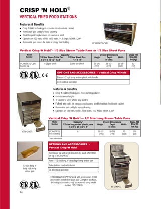 24
Features & Benefits
 Crisp ‘N Hold technology in a free-standing cabinet
 Under-counter height
 3” casters to serve where you want to
 Pull-out wire racks for easy access to pans; shields maintain heat inside cabinet
 Removable pan caddy for easy cleaning
 Operates on 120 volts, 60 Hz, 1800 watts, 15.2 Amps; NEMA 5-20P
Vertical Crisp ‘N Hold®
— 1/2 Size Long Steam Table Pans
Model
Number
Capacity¹
1/2 size long amber plastic pans
6-3/4” x 20-1/2” x 4”
Overall Dimensions
Height Depth Width
in (mm)
Class 100
Ship Wt.
lbs (kg)
VCNH2W3S
Free-standing
6 30-1/2 30-5/8 20
(775) (778) (508)
150
(68)
VCNH2W3S
OPTIONS AND ACCESSORIES -
Vertical Crisp ‘N Hold
Reinforced top with angle brackets to stack CNH18XD
on top of VCNH2W3S
Pans—1/2 size long, 4” deep high temp amber pan
CE Electrical operation
False bottom trivet with divider
CRISP ’N HOLD®
VERTICAL FRIED FOOD STATIONS
*¹Pans not included
CNH18XD/VCNH2W3S Stack with accessories (CNH
accessories detailed on page 22). Complete package,
including accessories, may be ordered, using model
number FFSTKPKG
1/2 size long, 4”
deep high temp
amber pan
OPTIONS AND ACCESSORIES - Vertical Crisp ‘N Hold
Pans—1/3 high temp amber plastic with handle
CE Electrical operation
Features & Benefits
 Crisp ‘N Hold technology in a counter-sized modular cabinet
 Removable pan caddy for easy cleaning
 Small footprint for placement on counter or shelf
 Operates on 120 volts, 60 Hz, 1600 watts, 14.3 Amps; NEMA 5-20P
 Removable pan covers for moist or crispy food holding VCNH3W2S-CVR
Vertical Crisp ‘N Hold®
- 1/3 Size Steam Table Pans or 1/2 Size Sheet Pans
Model
Number
Capacity¹
1/3 Size Steam Table Pan 1/2 Size Sheet Pan
6-3/4” x 12-1/2” x 2.5” 13” x 18”
Overall Dimensions
Height Depth Width
in (mm)
Class 100
Ship Wt.
lbs (kg)
VCNH3W2S-CVR
Counter-top
6 (3 per shelf) 2 (one per shelf) 15-5/8 16-1/2 25-5/8
(397) (419) (651)
82
(37)
FFSTKPKG
 