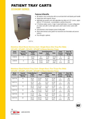 38
Stainless Steel Room Service Cart—Single Door; One Tray Per Slide
14”x18”, 15”x20”, 12”x19”, 12”x20” & Room Service Trays
Model
Number
Capacity
Trays at 5-1/4”
Spacing
Inside Working
Height
in (mm)
Overall Dimensions
Height Depth Width
in (mm)
Caster
Diameter
in (mm)
Class 100
Shipping Wt.
lbs (kg)
ESDST6 6 34-1/2
(876)
42 25-7/8 18-1/8
(1067) (657) (460)
5
(127)
150
(68)
ESDST8 8 46
(1168)
52-1/2 25-7/8 18-1/8
(1334) (657) (460)
5
(127)
205
(93)
1.800.323.9793
Features & Benefits
 All stainless steel construction with recessed door latch and tubular push handle
 Hinged door with magnetic closure
 Adjustable pin position racks with adjustable tray slides on 5.25” centers; adjust-
able on 1.75” increments; accommodate a variety of tray sizes
 5” Performa rubber casters: 2 rigid, 2 swivel with brakes; 6 caster configuration
on 2-door carts with 2 center rigid casters and 4 swivel corner casters with
brakes
 Soft durometer corner bumpers protect facility walls
 Offset wheel-ahead caster pattern for movement over thresholds and uneven
surfaces
 Pass-through is optional
Stainless Steel Patient Tray Cart—Single Door; Two Trays Per Slide
14”x18”, 15”x20”, 12”x19”, 12”x20” & Room Service Trays
Model
Number
Capacity
Trays at 5-1/4”
Spacing
Inside Working
Height
in (mm)
Overall Dimensions
Height Depth Width
in (mm)
Caster
Diameter
in (mm)
Class 100
Shipping Wt.
lbs (kg)
ESDTT10 10 28-3/4
(730)
36-3/4 35-1/2 24-7/8
(937) (902) (631)
5
(127)
308
(140)
ESDTT12 12 34-1/2
(876)
42 35-1/2 24-7/8
(1067) (902) (631)
5
(127)
328
(149)
ESDTT16 16 46
(1168)
52-1/2 35-1/2 24-7/8
(1334) (902) (631)
5
(127)
348
(158)
ESDTT20 20 51-1/4
(1302)
63 35-1/2 24-7/8
(1600) (902) (631)
5
(127)
368
(167)
ESDTT24 24 56-1/2
(1435)
68-1/4 35-1/2 24-7/8
(1734) (902) (631)
5
(127)
388
(176)
ESDTT14 14 40-1/4
(1022)
47-1/4 35-1/2 24-7/8
(1200) (902) (631)
5
(127)
338
(153)
PATIENT TRAY CARTS
ECONOMY SERIES
ESDTT16
 