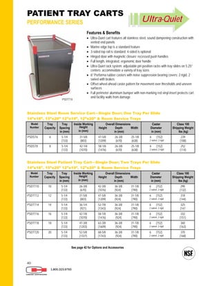 40
Stainless Steel Room Service Cart—Single Door; One Tray Per Slide
14”x18”, 15”x20” 12”x19”, 12”x20” & Room Service Trays
Model
Number
Tray
Capacity
Tray
Spacing
in (mm)
Inside Working
Height
in (mm)
Overall Dimensions
Height Depth Width
in (mm)
Caster
Diameter
in (mm)
Class 100
Shipping Weight
lbs (kg)
PSDST6 6 5-1/4
(133)
31-5/8
(803)
47-5/8 26-3/8 25-1/8
(1209) (670) (638)
6 (152)
2 swivel, 2 rigid
239
(108)
PSDST8 8 5-1/4
(133)
42-1/8
(1070)
58-1/8 26-3/8 25-1/8
(1476) (670) (638)
6 (152)
2 swivel, 2 rigid
252
(114)
1.800.323.9793
Stainless Steel Patient Tray Cart—Single Door; Two Trays Per Slide
14”x18”, 15”x20” 12”x19”, 12”x20” & Room Service Trays
Model
Number
Tray
Capacity
Tray
Spacing
in (mm)
Inside Working
Height
in (mm)
Overall Dimensions
Height Depth Width
in (mm)
Caster
Diameter
in (mm)
Class 100
Shipping Weight
lbs (kg)
PSDTT10 10 5-1/4
(133)
26-3/8
(670)
42-3/8 36-3/8 31-1/8
(1076) (924) (790)
6 (152)
2 swivel, 2 rigid
290
(132)
PSDTT12 12 5-1/4
(133)
31-5/8
(803)
47-5/8 36-3/8 31-1/8
(1209) (924) (790)
6 (152)
2 swivel, 2 rigid
318
(144)
PSDTT14 14 5-1/4
(133)
36-1/4
(921)
52-7/8 36-3/8 31-1/8
(1343) (924) (790)
6 (152)
2 swivel, 2 rigid
325
(147
PSDTT16 16 5-1/4
(133)
42-1/8
(1070)
58-1/8 36-3/8 31-1/8
(1476) (924) (790)
6 (152)
2 swivel, 2 rigid
332
(151)
PSDTT18 18 5-1/4
(133)
47-3/8
(1203)
63-3/8 36-3/8 31-1/8
(1609) (924) (790)
6 (152)
2 swivel, 2 rigid
360
(163)
PSDTT20 20 5-1/4
(133)
52-5/8
(1337)
68-5/8 36-3/8 31-1/8
(1743) (924) (790)
6 (152)
2 swivel, 2 rigid
370
(168)
PATIENT TRAY CARTS
PERFORMANCE SERIES
Features & Benefits
 Ultra-Quiet cart features all stainless steel, sound dampening construction with
vented end panels
 Marine edge top is a standard feature
 3-sided top rail is standard; 4-sided is optional
 Hinged door with magnetic closure; recessed push handles
 Full length, integrated, ergonomic door handle
 Ultra-Quiet rack system; adjustable pin position racks with tray slides on 5.25”
centers; accommodate a variety of tray sizes
 6” Performa rubber casters with noise suppression bearing covers; 2 rigid, 2
swivel with brakes
 Offset wheel-ahead caster pattern for movement over thresholds and uneven
surfaces
 Full perimeter aluminum bumper with non-marking red vinyl insert protects cart
and facility walls from damage
Ultra-Quiet
PSDTT10
See page 42 for Options and Accessories
 