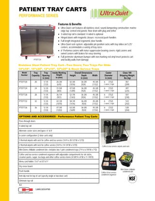 42
1.800.323.9793
OPTIONS AND ACCESSORIES - Performance Patient Tray Carts
Pass-through doors
4-sided top rail
Alternate caster sizes and types: 6” & 8”
3 thermal airpots with rack for coffee and tea service (16”H x 20-1/2”W x 12”D)
2 thermal airpots with rack for coffee service (16”H x 14-1/4”W x 12”D)
Mini Dome chillable condiment bin—includes two 1 pint condiment trays (7”H x 6-7/8”W x 7”D)
Coffee and tea service condiment organizer with adjustable compartments for stir sticks,
creamer packs, sugar, tea bags and other coffee service items (4-5/8”H x 8”W x 11-7/8”D)
Menu card holder, 5”x7” or 8.5”x11”
Dry erase board
Push handle
Anti-slip mat for top of cart (specify single or two-door cart)
Eliminate top rail
6-caster configuration (2 door carts only)
Stainless Steel Patient Tray Cart—Two Doors; Two Trays Per Slide
14”x18”, 15”x20”, 12”x19”, 12”x20” & Room Service Trays
Model
Number
Tray
Capacity
Tray
Spacing
in (mm)
Inside Working
Height
in (mm)
Overall Dimensions
Height Depth Width
in (mm)
Caster
Diameter
in (mm)
Class 100
Shipping Weight
lbs (kg)
PTDTT20 20 5-1/4
(133)
26-3/8
(670)
42-3/8 36-3/8 45-3/8
(1076) (924) (1152)
6 (152)
2 swivel, 2 rigid
461
(209)
PTDTT24 24 5-1/4
(133)
31-5/8
(803)
47-5/8 36-3/8 45-3/8
(1209) (924) (1152)
6 (152)
2 swivel, 2 rigid
497
(225)
PTDTT28 28 5-1/4
(133)
36-1/4
(921)
52-7/8 36-3/8 45-3/8
(1343) (924) (1152)
6 (152)
2 swivel, 2 rigid
507
(230)
PTDTT32 32 5-1/4
(133)
42-1/8
(1070)
58-1/8 36-3/8 45-3/8
(1476) (924) (1152)
6 (152)
2 swivel, 2 rigid
533
(242)
PTDTT36 36 5-1/4
(133)
47-3/8
(1203)
63-3/8 36-3/8 45-3/8
(1609) (924) (1154)
6 (152)
2 swivel, 2 rigid
538
(244)
PATIENT TRAY CARTS
PERFORMANCE SERIES
Features & Benefits
 Ultra-Quiet cart features all stainless steel, sound dampening construction; marine
edge top; vented end panels; floor drain with plug and tether
 3-sided top rail is standard; 4-sided is optional
 Hinged doors with magnetic closure; recessed push handles
 Full length integrated ergonomic door handle
 Ultra-Quiet rack system; adjustable pin position racks with tray slides on 5.25”
centers; accommodate a variety of tray sizes
 6” Performa casters with noise suppression bearing covers; rigid casters and
swivel casters with brakes for easy steering
 Full perimeter aluminum bumper with non-marking red vinyl insert protects cart
and facility walls from damagePTDTT24
Ultra-Quiet
Coffee & tea service airpots and rack
Coffee & tea service
condiment organizer
Mini Dome chillable
condiment bin
 