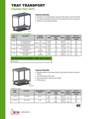 48
1.800.323.9793
Features & Benefits
 All stainless steel welded tubular construction with stainless steel push handles
 For delivery of stacking meal trays from the preparation line to the serving area
 Includes 96” tray straps with buckles
Stacking Tray Transport
Model
Number
Description Capacity
(dimensions)
Overall Dimensions
Height Depth Width
in (mm)
Caster
Diameter
in (mm)
Class 110
Shipping Weight
lbs (kg)
TT48 Two shelf stacking cart
for insulated trays
48
(19.25” x 13” x 2.38”)
40-3/8 30 36-3/4
(1025) (762) (933)
5
(127)
150
(68)
TT84 Extra long two shelf stacking cart
for insulated trays
72-84
(19.25” x 13” x 2.38”)
40-3/8 30 55-3/4
(1025) (762) (1416)
5
(127)
170
(77)
TT104 104
(assorted)
46 1/2 28 49
(1181) (711) (1245)
5
(127)
367
(166)
Two shelf stacking cart
correctional
TT136 Two shelf stacking cart
correctional
136
(assorted)
46 1/2 28 64-1/2
(1181) (711) (1638)
5
(127)
457
(207)
Utility Carts
Model
Number
Description Overall Dimensions
Height Depth Width
in (mm)
Caster
Diameter
in (mm)
Class 110
Shipping Weight
lbs (kg)
UC2S2433 Two Shelf 36 26 36-3/4
(914) (660) (933)
5
(127)
94
(43)
UC3S2433 Three shelf 36 26 36-3/4
(914) (660) (933)
5
(127)
109
(49)
Distance Between
Shelves
24-3/4
11-3/4
TRAY TRANSPORT
STACKING TRAY CARTS
Features & Benefits
 All welded stainless steel welded tubular construction with stainless steel push
handles
 Top shelf flanged on three sides
 Non-marking rubber casters prevent scuffing
 700 lb capacity
OPTIONS AND ACCESSORIES - Utility Tray Transport
96” tray strap
UC2S2433
TT104
 