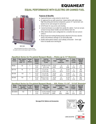 53
1.800.323.9793
EQUAHEAT
EQUAL PERFORMANCE WITH ELECTRIC OR CANNED FUEL
Features & Benefits
 Equal performance using canned or electric heat
 UL approved for use with canned fuel: drawer latches with safety stops;
high-temp wiring and electrical components; passes 15° tip test and com-
bustion test for safe transport of canned fuel
 Lift-off heater for easy service and cleaning
 Canned fuel drawers accessible from outside the cabinet. Fuel can cut-outs
set back to keep drawer handle cool and minimize burn risk
 Offset wheel-ahead caster configuration for a smoother ride over uneven
surfaces
 Wrap-around non-marking floating bumper attached to the base absorbs
shocks and minimizes damage to cart and facility walls
 Double wall insulated stainless steel unibody construction - forms rigid
frame for durable wear and long life
shown with optional heavy-duty Las Vegas package
(see options and accessories page on page 54 for details)
Model
Number
Plate Capacity
(diameter)
8-3/4” - 11”
Number
of
Shelves
Clearance
Between
Shelves
in (mm)
Shelf Size
Length x Depth
in (mm)
Overall Dimensions
Height Depth Width
inches (mm)
Caster
Diameter
in (mm)
Class 100
Shipping
Weight
lbs (kg)
BB700 60 3 16-1/2
(419)
24-3/8 x 21-7/16
(619 x 544)
74-3/4 32 33
(1899) (813) (838)
6
(152)
378
(171)
BB1100 96 3 13-1/4
(337)
47 x 22-1/8
(1194 x 546)
65 32 55-5/8
(1651) (813) (1413)
6
(152)
498
(226)
BB1300 120 3 16-1/2
(419)
47 x 22-1/8
(1194 x 546)
74-3/4 32 55-5/8
(1899) (813) (1413)
6
(152)
507
(230)
BB1600 150 3 16-1/2
(419)
58-1/2 x 22-1/8
(1486 x 546)
74-3/4 32 67-1/8
(1899) (813) (1705)
6
(152)
658
(298)
EquaHeat Series for Pre-plated Banquet Meals — Plates up to 11” Diameter
Model
Number
Plate Capacity
(diameter)
11-1/4” - 12-3/4”
Number
of
Shelves
Clearance
Between
Shelves
in (mm)
Shelf Size
Length x Depth
in (mm)
Overall Dimensions
Height Depth Width
inches (mm)
Caster
Diameter
in (mm)
Class 100
Shipping
Weight
lbs (kg)
BB1300XX 150 3 16-1/2
(419)
63.75 x 25-5/8
(1619 x 651)
74-3/4 38 74
(1899) (965) (1880)
6
(152)
678
(307)
EquaHeat Series for Pre-plated Banquet Meals — XXL Plates 11-1/4” - 12-3/4” Diameter
BB1300
NSF/ANSI 4
See page 54 for Options and Accessories
 
