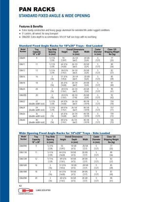 82
Features & Benefits
 Extra sturdy construction and heavy gauge aluminum for extended life under rugged conditions
 5” casters, all swivel, for easy transport
 O8620D: Extra depth to accommodates 18”x14” half size trays with no overhang
Standard Fixed Angle Racks for 18”x26” Trays - End Loaded
Model
Number
Tray
Capacity
18” x 26”
Tray Slide
Spacing
in (mm)
Overall Dimensions
Height Depth Width
in (mm)
Caster
Diameter
in (mm)
Class 125
Shipping Weight
lbs (kg)
O8609 9 5-1/16
(129)
55 26-1/4 20-5/8
(1397) (667) (524)
5
(127)
77
(35)
O8611 11 5-1/16
(129)
64-3/16 26-1/4 20-5/8
(1630) (667) (524)
5
(127)
80
(36)
O8612 12 5-1/16
(129)
69-5/16 26-1/4 20-5/8
(1761) (667) (524)
5
(127)
82
(37)
O8616 16 3
(76)
57-3/16 26-1/4 20-5/8
(1453) (667) (524)
5
(127)
85
(39)
O8618 18 3
(76)
64-3/16 26-1/4 20-5/8
(1630) (667) (524)
5
(127)
87
(40)
O8620 20 3
(76)
69-5/16 26-1/4 20-5/8
(1761) (667) (524)
5
(127)
90
(41)
O8622 22
(double width rack)
5-1/16
(129)
64-3/16 26-1/4 40-1/8
(1630) (667) (1019)
5
(127)
154
(70)
O8624 24
(double width rack)
5-1/16
(129)
69-5/16 26-1/4 40-1/8
(1761) (667) (1019)
5
(127)
157
(71)
O8636 36
(double width rack)
3
(76)
64-3/16 26-1/4 40-1/8
(1630) (667) (1019)
5
(127)
159
(72)
O8640 40
(double width rack)
3
(76)
69-5/16 26-1/4 40-1/8
(1761) (667) (1019)
5
(127)
165
(75)
O8620D 20 3
(76)
69-5/16 28-1/4 20-5/8
(1761) (718) (524)
5
(127)
92
(42)
Wide Opening Fixed Angle Racks for 18”x26” Trays - Side Loaded
Model
Number
Tray
Capacity
18” x 26”
Tray Slide
Spacing
in (mm)
Overall Dimensions
Height Depth Width
in (mm)
Caster
Diameter
in (mm)
Class 125
Shipping Weight
lbs (kg)
O8609W 9 5-1/16
(129)
55 18-5/8 28-5/8
(1397) (473) (727)
5
(127)
77
(35)
O8611W 11 5-1/16
(129)
64-3/16 18-5/8 28-5/8
(1630) (473) (727)
5
(127)
80
(36)
O8612W 12 5-1/16
(129)
69-5/16 18-5/8 28-5/8
(1761) (473) (727)
5
(127)
82
(37)
O8616W 16 3
(76)
57-3/16 18-5/8 28-5/8
(1453) (473) (727)
5
(127)
85
(39)
O8618W 18 3
(76)
64-3/16 18-5/8 28-5/8
(1630) (473) (727)
5
(127)
87
(40)
O8620W 20 3
(76)
69-5/16 18-5/8 28-5/8
(1761) (473) (727)
5
(127)
90
(41)
1.800.323.9793
PAN RACKS
STANDARD FIXED ANGLE & WIDE OPENING
 