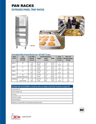 84
1.800.323.9793
PAN RACKS
EXTRUDED PANEL TRAY RACKS
O8639W
Extruded Side Panel Racks for 18”x26” Trays
Model
Number
Tray
Capacity
18” x 26”
Tray Slide
Spacing
in (mm)
Overall Dimensions
Height Depth Width
in (mm)
Caster
Diameter
in (mm)
Class 125
Shipping Weight
lbs (kg)
O8619 19 1-1/2
(38)
39-7/16 26-1/4 20-1/2
(1002) (667) (521)
5
(127)
43
(20)
O8631 31 1-1/2
(38)
57-7/16 26-1/4 20-1/2
(1459) (667) (521)
5
(127)
57
(26)
O8639 39 1-1/2
(38)
69-7/16 26-1/4 20-1/2
(1764) (667) (521)
5
(127)
66
(30)
O8678 78
(double width rack)
1-1/2
(38)
69-7/16 26-1/4 40-1/2
(1764) (667) (1029)
5
(127)
116
(53)
O8639W 39
(side loaded)
1-1/2
(38)
69-7/16 18-1/4 28-1/2
(1764) (464) (724)
5
(127)
52
(24)
OPTIONS AND ACCESSORIES—Tray Racks (does not apply to Specialty Tray Racks on page 85)
Caster locks (2)
Corner bumpers (4)
Pan stop
Perimeter bumper
Vertical bumpers
Solid base (except O8631V and extruded side panel racks)
 