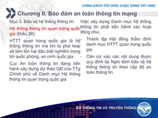 Add your company slogan
LOGO
Chương II. Bảo đảm an toàn thông tin mạng
 SỞ THÔNG TIN VÀ TRUYỀN THÔNG
Mục 3. Bảo vệ hệ thống thông tin
Hệ thống thông tin quan trọng quốc
gia (Điều 26)
HTTT quan trọng quốc gia là hệ
thống thông tin mà khi bị phá hoại
sẽ làm tổn hại đặc biệt nghiêm trọng
tới quốc phòng, an ninh quốc gia
Cục An toàn thông tin đang tiến
hành xây dựng dự thảo QĐ của TTg
Chính phủ về Danh mục Hệ thống
thông tin quan trọng quốc gia
Việc xây dựng Danh mục hệ thống
thông tin phải tiến hành các hoạt
động như:
- Thành lập Hội đồng thẩm định
danh mục HTTT quan trọng quốc
gia
- Căn cứ vào các nội dung được
quy định tại Nghị định bảo vệ hệ
thống thông tin theo cấp độ an
toàn thông tin
 