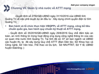 Add your company slogan
LOGO
Chương VII. Quản lý nhà nước về ATTT mạng
-Quyết định số 2782/QĐ-UBND ngày 31/10/2016 của UBND tỉnh
Quảng Trị về việc phê duyệt dự án đầu tư : Xây dựng chính quyền điện tử tỉnh
Quảng Trị;
 Ban hành và tổ chức thực hiện VBQPPL về ATTT mạng, công bố tiêu
chuẩn quốc gia, ban hành quy chuẩn kỹ thuật về ATTT mạng.
- Quyết định số 35/2016/QĐ-UBND ngày 29/8/2016 Quy chế đảm bảo an
toàn, an ninh thông tin trong hoạt động ứng dụng công nghệ thông tin của các
cơ quan nhà nước tỉnh Quảng Trị. Tại tỉnh đã có: 07 sở ban ngành và UBND
các huyện thị, tp đã xây dựng Quy chế ATTT (Ban Dân tộc; Sở Khoa học và
Công nghệ, Sở Văn hóa ,Thể thao và Du lịch; Sở NN-PTNT; Sở Y tế; UBND
huyện Đakrông; )
www.themegallery.com
 