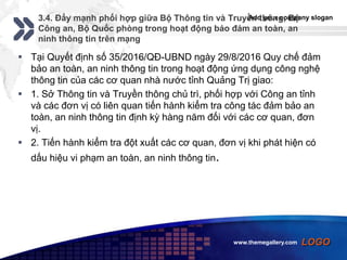 Add your company slogan
LOGO
3.4. Đẩy mạnh phối hợp giữa Bộ Thông tin và Truyền thông, Bộ
Công an, Bộ Quốc phòng trong hoạt động bảo đảm an toàn, an
ninh thông tin trên mạng
 Tại Quyết định số 35/2016/QĐ-UBND ngày 29/8/2016 Quy chế đảm
bảo an toàn, an ninh thông tin trong hoạt động ứng dụng công nghệ
thông tin của các cơ quan nhà nước tỉnh Quảng Trị giao:
 1. Sở Thông tin và Truyền thông chủ trì, phối hợp với Công an tỉnh
và các đơn vị có liên quan tiến hành kiểm tra công tác đảm bảo an
toàn, an ninh thông tin định kỳ hàng năm đối với các cơ quan, đơn
vị.
 2. Tiến hành kiểm tra đột xuất các cơ quan, đơn vị khi phát hiện có
dấu hiệu vi phạm an toàn, an ninh thông tin.
www.themegallery.com
 