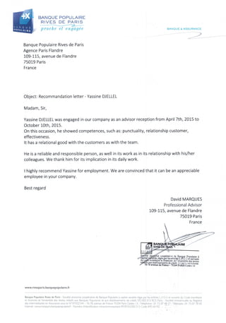 Recommendation letter Banque Populaire Rives de Paris