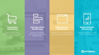 Transaction
Monitoring
Replicate your user’s
shopping experiences and
multi-step processes.
Full Page Check
Monitoring
Verify your website’s
performance at the page
element level.
Multi Browser
Monitoring
Native in IE and Chrome. Know
your true end user experience!
Mobile Website
Monitoring
50% of all visitors visit sites
using a smartphone.
 
