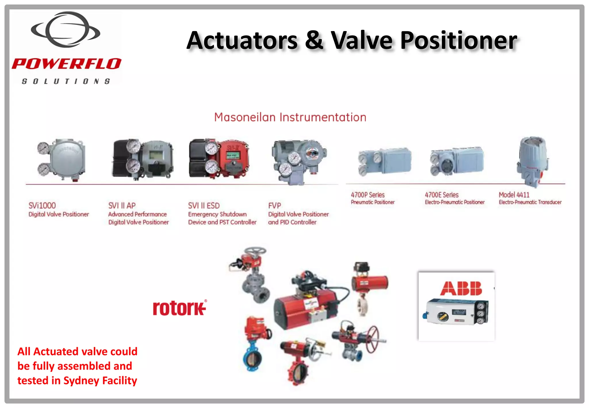 Actuators & Valve Positioner
All Actuated valve could
be fully assembled and
tested in Sydney Facility
 
