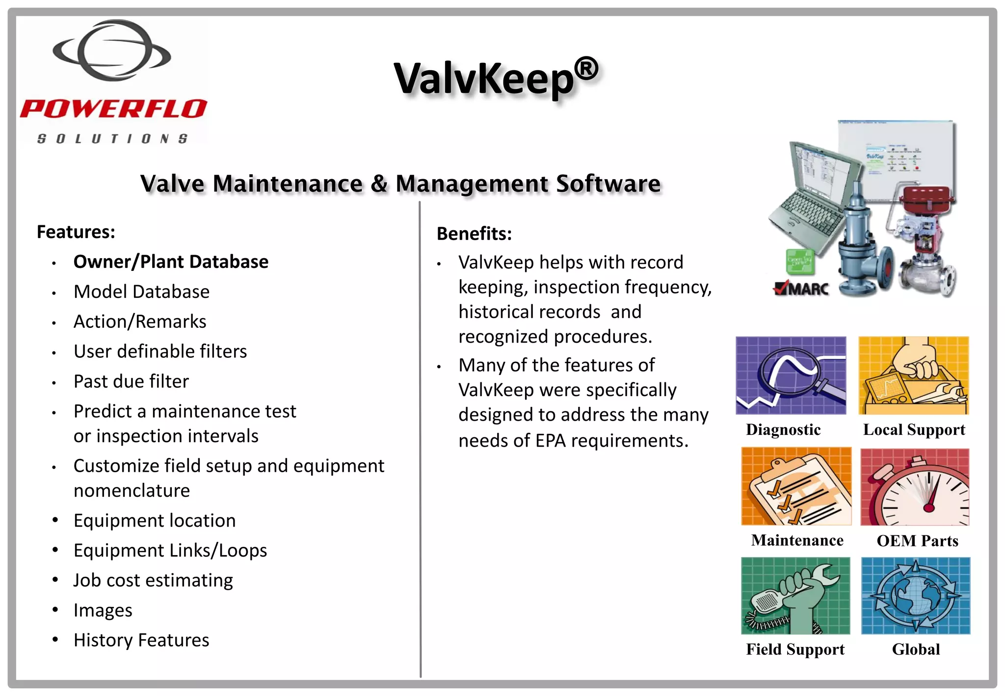 ValvKeep®
Diagnostic Local Support
Maintenance OEM Parts
Field Support Global
Valve Maintenance & Management Software
Features:
• Owner/Plant Database
• Model Database
• Action/Remarks
• User definable filters
• Past due filter
• Predict a maintenance test
or inspection intervals
• Customize field setup and equipment
nomenclature
• Equipment location
• Equipment Links/Loops
• Job cost estimating
• Images
• History Features
Benefits:
• ValvKeep helps with record
keeping, inspection frequency,
historical records and
recognized procedures.
• Many of the features of
ValvKeep were specifically
designed to address the many
needs of EPA requirements.
 