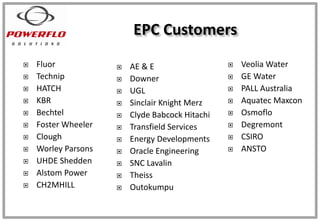  Fluor
 Technip
 HATCH
 KBR
 Bechtel
 Foster Wheeler
 Clough
 Worley Parsons
 UHDE Shedden
 Alstom Power
 CH2MHILL
EPC Customers
 AE & E
 Downer
 UGL
 Sinclair Knight Merz
 Clyde Babcock Hitachi
 Transfield Services
 Energy Developments
 Oracle Engineering
 SNC Lavalin
 Theiss
 Outokumpu
 Veolia Water
 GE Water
 PALL Australia
 Aquatec Maxcon
 Osmoflo
 Degremont
 CSIRO
 ANSTO
 