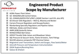 Engineered Product
Scope by Manufacturer
 HORA Power Plant Valves
 GE- MASONEILAN Control Valves
 GE- CONSOLIDATED PSV’s/SRV’s (ASME Section I and VIII, also API)
 GE Dresser GAS Regulators – RED-Q, Mooney and Becker
 Carraro Pressure Regulators and Desuperheaters
 Mankenberg Specialty Regulators and Pipeline Valves
 KSB Gate, Globe and Check Valves
 AMRI (KSB) Butterfly Valves
 RHINO/VIRGO Ball Valves
 HP/KVT Parallel Slide Valves and Blowdown Valves
 S&J Pressure & Vacuum Vents, Flame Arrestors, Tank Fittings
 NILCOR advance composite FRP Chemical Valves
 Magnetrol Level Transmitters, Switch and Gauges, Flow Switch/Meter
 Ashcroft Pressure and Temperature Instrumentation
 ZOOK Rupture/Bursting Discs
 Galassi & Ortolani
 