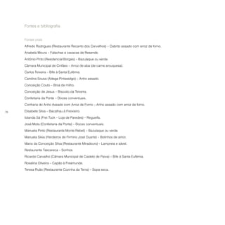 78
Fontes e bibliografia
Fontes orais
Alfredo Rodrigues (Restaurante Recanto dos Carvalhos) – Cabrito assado com arroz de forno.
Anabela Moura – Falachas e cavacas de Resende.
António Pinto (Residencial Borges) – Bazulaque ou verde.
Câmara Municipal de Cinfães – Arroz de aba (de carne arouquesa).
Carlos Teixeira – Bife à Santa Eufémia.
Carolina Sousa (Adega Pintassilgo) – Anho assado.
Conceição Couto – Broa de milho.
Conceição de Jesus – Biscoito da Teixeira.
Confeitaria da Ponte – Doces conventuais.
Confraria do Anho Assado com Arroz de Forno – Anho assado com arroz de forno.
Elisabete Silva – Bacalhau à Freixieiro.
Iolanda Sá (Frei Tuck – Loja de Paredes) – Regueifa.
José Mota (Confeitaria da Ponte) – Doces conventuais.
Manuela Pinto (Restaurante Monte Rebel) – Bazulaque ou verde.
Manuela Silva (Herdeiros de Firmino José Duarte) – Bolinhos de amor.
Maria da Conceição Silva (Restaurante Miradouro) – Lampreia e sável.
Restaurante Tascareca – Sonhos.
Ricardo Carvalho (Câmara Municipal de Castelo de Paiva) – Bife à Santa Eufémia.
Rosalina Oliveira – Capão à Freamunde.
Teresa Ruão (Restaurante Cozinha da Terra) – Sopa seca.
 