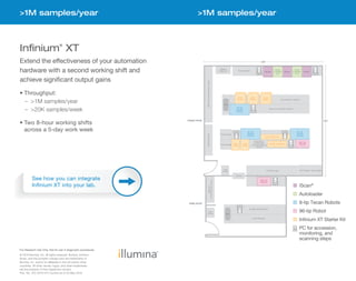 iScan®
Autoloader
8-tip Tecan Robots
96-tip Robot
Infinium XT Starter Kit
PC for accession,
monitoring, and
scanning steps
>1M samples/year
Infinium®
XT
Extend the effectiveness of your automation
hardware with a second working shift and
achieve significant output gains
•	Throughput:
–– >1M samples/year
–– >20K samples/week
•	Two 8-hour working shifts
across a 5-day work week
See how you can integrate
Infinium XT into your lab.
For Research Use Only. Not for use in diagnostic procedures.
© 2016 Illumina, Inc. All rights reserved. Illumina, Infinium,
iScan, and the pumpkin orange color are trademarks of
Illumina, Inc. and/or its affiliate(s) in the US and/or other
countries. All other names, logos, and other trademarks
are the property of their respective owners.
Pub. No. 370-2016-012 Current as of 20 May 2016
>1M samples/year
 