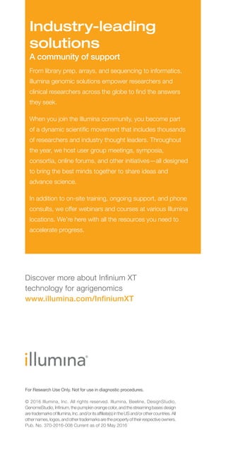 Industry-leading
solutions
A community of support
From library prep, arrays, and sequencing to informatics,
Illumina genomic solutions empower researchers and
clinical researchers across the globe to find the answers
they seek.
When you join the Illumina community, you become part
of a dynamic scientific movement that includes thousands
of researchers and industry thought leaders. Throughout
the year, we host user group meetings, symposia,
consortia, online forums, and other initiatives—all designed
to bring the best minds together to share ideas and
advance science.
In addition to on-site training, ongoing support, and phone
consults, we offer webinars and courses at various Illumina
locations. We’re here with all the resources you need to
accelerate progress.
For Research Use Only. Not for use in diagnostic procedures.
© 2016 Illumina, Inc. All rights reserved. Illumina, Beeline, DesignStudio,
GenomeStudio, Infinium, the pumpkin orange color, and the streaming bases design
aretrademarksofIllumina,Inc.and/oritsaffiliate(s)intheUSand/orothercountries. All
other names, logos, and other trademarks are the property of their respective owners.
Pub. No. 370-2016-008 Current as of 20 May 2016
Discover more about Infinium XT
technology for agrigenomics
www.illumina.com/InfiniumXT
 