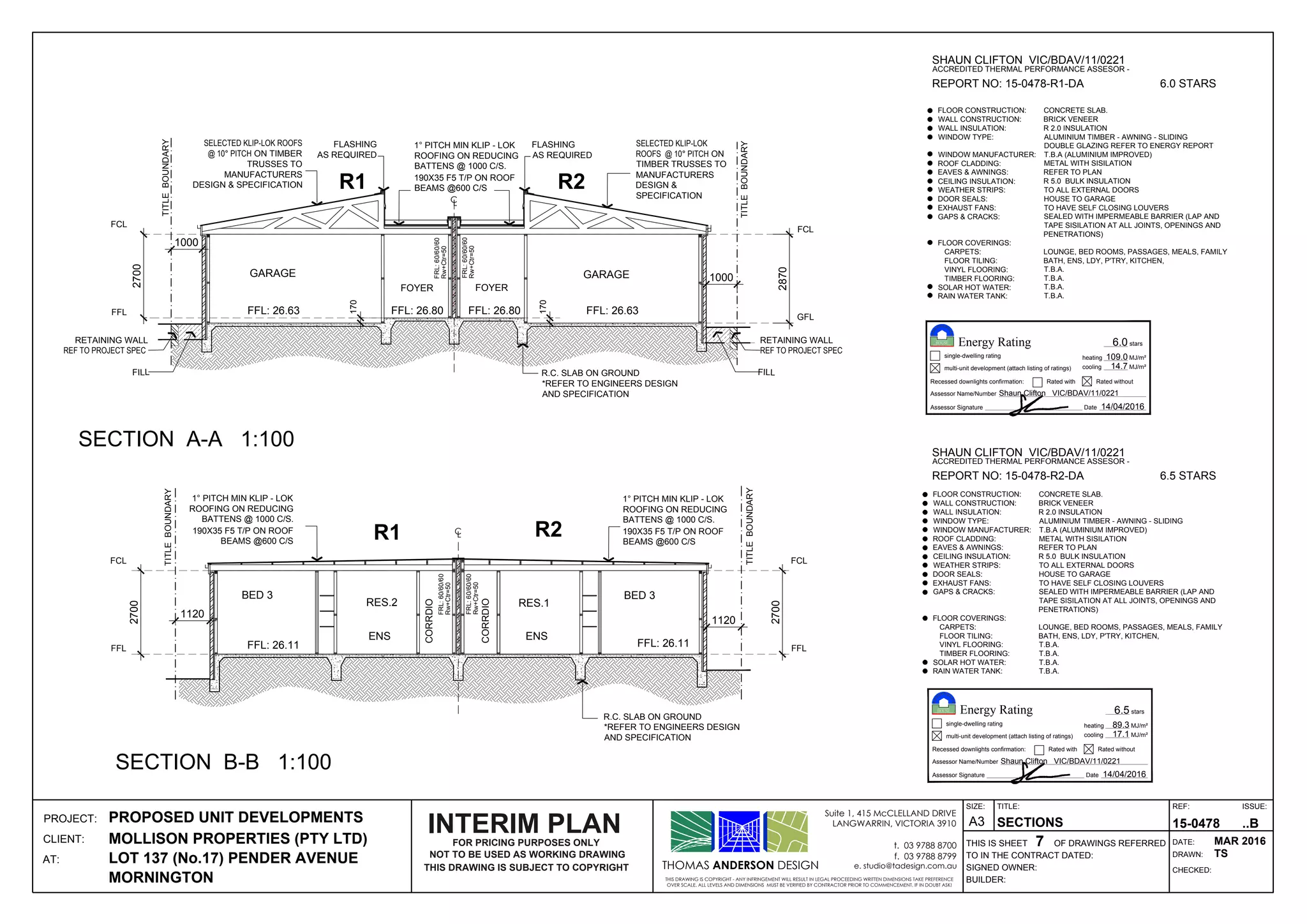 GARAGE
FOYER
FCL
GFL
GARAGE
FCL
FFL
FOYER
FFL: 26.63
CL
FFL: 26.80 FFL: 26.80 FFL: 26.63
CORRDIO
FCL
FFL
RES.1RES.2
CORRDIO
BED 3 BED 3
ENS ENS
FFL: 26.11 FFL: 26.11
CL
FCL
FFL
THOMAS ANDERSON DESIGN
THIS DRAWING IS COPYRIGHT - ANY INFRINGEMENT WILL RESULT IN LEGAL PROCEEDING WRITTEN DIMENSIONS TAKE PREFERENCE
OVER SCALE. ALL LEVELS AND DIMENSIONS MUST BE VERIFIED BY CONTRACTOR PRIOR TO COMMENCEMENT. IF IN DOUBT ASK!
Suite 1, 415 McCLELLAND DRIVE
LANGWARRIN, VICTORIA 3910
t. 03 9788 8700
f. 03 9788 8799
e. studio@tadesign.com.au
PROJECT:
CLIENT:
AT:
THIS IS SHEET OF DRAWINGS REFERRED
BUILDER:
SIGNED OWNER:
TO IN THE CONTRACT DATED:
TITLE:
DRAWN:
CHECKED:
DATE:
REF: ISSUE:SIZE:
A3PROPOSED UNIT DEVELOPMENTS
MOLLISON PROPERTIES (PTY LTD)
LOT 137 (No.17) PENDER AVENUE
MORNINGTON
SECTIONS
7
15-0478 ..B
MAR 2016
TS
SECTION A-A 1:100
SECTION B-B 1:100
SELECTED KLIP-LOK ROOFS
ON TIMBER
TRUSSES TO
MANUFACTURERS
DESIGN & SPECIFICATION
SELECTED KLIP-LOK
ON
TIMBER TRUSSES TO
MANUFACTURERS
DESIGN &
SPECIFICATION
TITLEBOUNDARY
2870
2700
TITLEBOUNDARY
170
TITLEBOUNDARY
TITLEBOUNDARY
2700
R.C. SLAB ON GROUND
*REFER TO ENGINEERS DESIGN
AND SPECIFICATION
ROOFING ON REDUCING
BATTENS @ 1000 C/S.
R.C. SLAB ON GROUND
*REFER TO ENGINEERS DESIGN
AND SPECIFICATION
R2R1
R2R1
FLASHING
AS REQUIRED
FLASHING
AS REQUIRED
170
NOT TO BE USED AS WORKING DRAWING
THIS DRAWING IS SUBJECT TO COPYRIGHT
FOR PRICING PURPOSES ONLY
INTERIM PLAN
190X35 F5 T/P ON ROOF
BEAMS @600 C/S
ROOFING ON REDUCING
BATTENS @ 1000 C/S.
190X35 F5 T/P ON ROOF
BEAMS @600 C/S
2700
1000
1000
FILL
ROOFING ON REDUCING
BATTENS @ 1000 C/S.
190X35 F5 T/P ON ROOF
BEAMS @600 C/S
1120
1120
SHAUN CLIFTON VIC/BDAV/11/0221
ACCREDITED THERMAL PERFORMANCE ASSESOR -
REPORT NO: 15-0478-R1-DA 6.0 STARS
SHAUN CLIFTON VIC/BDAV/11/0221
ACCREDITED THERMAL PERFORMANCE ASSESOR -
REPORT NO: 15-0478-R2-DA 6.5 STARS
FLOOR CONSTRUCTION:
WALL CONSTRUCTION:
WALL INSULATION:
WINDOW TYPE:
WINDOW MANUFACTURER:
ROOF CLADDING:
EAVES & AWNINGS:
CEILING INSULATION:
WEATHER STRIPS:
DOOR SEALS:
EXHAUST FANS:
GAPS & CRACKS:
FLOOR COVERINGS:
CARPETS:
FLOOR TILING:
VINYL FLOORING:
TIMBER FLOORING:
SOLAR HOT WATER:
RAIN WATER TANK:
CONCRETE SLAB.
BRICK VENEER
R 2.0 INSULATION
ALUMINIUM TIMBER - AWNING - SLIDING
T.B.A (ALUMINIUM IMPROVED)
METAL WITH SISILATION
REFER TO PLAN
R 5.0 BULK INSULATION
TO ALL EXTERNAL DOORS
HOUSE TO GARAGE
TO HAVE SELF CLOSING LOUVERS
SEALED WITH IMPERMEABLE BARRIER (LAP AND
TAPE SISILATION AT ALL JOINTS, OPENINGS AND
PENETRATIONS)
LOUNGE, BED ROOMS, PASSAGES, MEALS, FAMILY
BATH, ENS, LDY, P'TRY, KITCHEN,
T.B.A.
T.B.A.
T.B.A.
T.B.A.
FLOOR CONSTRUCTION:
WALL CONSTRUCTION:
WALL INSULATION:
WINDOW TYPE:
WINDOW MANUFACTURER:
ROOF CLADDING:
EAVES & AWNINGS:
CEILING INSULATION:
WEATHER STRIPS:
DOOR SEALS:
EXHAUST FANS:
GAPS & CRACKS:
FLOOR COVERINGS:
CARPETS:
FLOOR TILING:
VINYL FLOORING:
TIMBER FLOORING:
SOLAR HOT WATER:
RAIN WATER TANK:
CONCRETE SLAB.
BRICK VENEER
R 2.0 INSULATION
ALUMINIUM TIMBER - AWNING - SLIDING
T.B.A (ALUMINIUM IMPROVED)
METAL WITH SISILATION
REFER TO PLAN
R 5.0 BULK INSULATION
TO ALL EXTERNAL DOORS
HOUSE TO GARAGE
TO HAVE SELF CLOSING LOUVERS
SEALED WITH IMPERMEABLE BARRIER (LAP AND
TAPE SISILATION AT ALL JOINTS, OPENINGS AND
PENETRATIONS)
LOUNGE, BED ROOMS, PASSAGES, MEALS, FAMILY
BATH, ENS, LDY, P'TRY, KITCHEN,
T.B.A.
T.B.A.
T.B.A.
T.B.A.
DOUBLE GLAZING REFER TO ENERGY REPORT
Rw+Ctr=50
FRL:60/60/60
Rw+Ctr=50
FRL:60/60/60
Rw+Ctr=50
FRL:60/60/60
Rw+Ctr=50
FRL:60/60/60
Shaun Clifton VIC/BDAV/11/0221
HOUSE
NATIONWIDE
single-dwelling rating
multi-unit development (attach listing of ratings)
Energy RatingENERGY RATING SCHEME
Recessed downlights confirmation:
Assessor Name/Number
Assessor Signature
Rated with Rated without
stars
heating
cooling
Date
109.0
14/04/2016
6.0
14.7
Shaun Clifton VIC/BDAV/11/0221
HOUSE
NATIONWIDE
single-dwelling rating
multi-unit development (attach listing of ratings)
Energy RatingENERGY RATING SCHEME
Recessed downlights confirmation:
Assessor Name/Number
Assessor Signature
Rated with Rated without
stars
heating
cooling
Date
89.3
14/04/2016
6.5
17.1
RETAINING WALL
REF TO PROJECT SPEC
FILL
RETAINING WALL
REF TO PROJECT SPEC
 