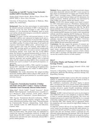 P41.25
Generating an Anti-HIV Vaccine Using Nucleoside-
modiﬁed mRNA Encoding Envelope
Norbert Pardi, Katalin Kariko, Michael Hogan, Hiromi Mur-
amatsu, James A. Hoxie, Drew Weissman
University of Pennsylvania, Department of Medicine, Phila-
delphia, PA, United States
Background: There has been great progress in understanding
the detailed molecular mechanisms of HIV-1 infection but no
effective vaccine has been developed to date. mRNA has
emerged as a very promising new therapeutic agent in recent
years and has already shown progress as an effective method for
generating potent vaccines.
Methods: To create a vaccine with maximal potency, in vitro
transcribed mRNAs were optimized for higher levels and ex-
tended translation by incorporation of selected UTRs, modiﬁed
nucleosides, 5¢ cap, 3¢ poly(A)-tail, and other modiﬁcations and
were HPLC-puriﬁed. To achieve both strong T cell and B cell
responses, heterologous mRNA prime - protein boost vacci-
nation regimens were used. For priming, naked mRNA en-
coding HIV envelope gp160 was administered intradermally
into mice. Cell surface Env was used to increase exposure of
neutralizing epitopes. Four weeks after the second mRNA
prime, Env protein was injected intramuscularly as a boost. As
nucleoside modiﬁed mRNA does not activate RNA sensors, to
increase the robustness of the immune response, a series of
adjuvant molecules and encoding mRNAs were co-injected
along with the antigen-encoding mRNA. Flow cytometry and
ELISA were used to evaluate T cell and B cell responses, re-
spectively.
Results: Elevated levels of IFN-v, TNF-a and IL-2 in antigen-
speciﬁc CD4+
and CD8+
T cells and high gp120 antibody titers
could be measured following two rounds of mRNA prime -
protein boost vaccination.
Conclusions: Our results demonstrate that antigen-encoding
nucleoside modiﬁed mRNA induces effective HIV-speciﬁc im-
mune responses and has great potential for vaccination against
infectious diseases.
P41.26
Comparative Neutralization Sensitivity of Indian
and South African HIV-1 Clade C Viruses to Plasma
Antibodies from Chronically Infected Indian Donors
Shilpa Patil1
, Sharda Gadhe2
, Swapnil Sonawane2
, Manish
Bansal1
, Suprit Deshpande1
, Tandile Hermanus3
, Lynn Morris3
,
K G Murugavel4
, Suniti Solomon4
, Seema Sahay2
, Ramesh
Paranjape2
, Bimal K. Chakrabarti1
, Jayanta Bhattacharya1
1
HIV Vaccine Translational Research Laboratory, THSTI-
IAVI HIV Vaccine Design Program, Gurgaon, India, 2
Na-
tional AIDS Research Institute, Pune, India, 3
National Institute
for Communicable Diseases, Johannesburg, South Africa,
4
Y.R. Gaitonde Centre for AIDS Research and Education,
Chennai, India
Background: HIV-1 clade C is the major subtype circulating in
India and South Africa. The present study was undertaken to
examine the extent of neutralization sensitivity of Indian and
South African (SA) HIV-1 clade C viruses to plasma antibodies
obtained from anti-retroviral naı¨ve chronically infected HIV-1
positive Indian patients.
Methods: Plasma samples from 150 anti retroviral naı¨ve donors
from India chronically infected with HIV-1 were assessed for
their degree of neutralization of 9 Indian and 10 South African
HIV-1 clade C envelopes using a TZM-bl reporter cell assay.
Reagents were shared between Indian and SA laboratories for
quality assessment. Antibody speciﬁcities were determined by
using TriMut core protein, mutant and chimeric viruses.
Results: 27/150 (18%) plasma samples were found to neutral-
ize > 50% of the panel viruses at 1:100 dilution. Amongst these,
seven were found (4.66%) displayed maximum breadth and
potency with median ID50s ranging from 300–750. The BCN
plasma antibodies were found to neutralize Indian (57%) viruses
slightly better than SA (43%) viruses. None of the potent broadly
cross neutralizing BCN plasmas was found to show neutralizing
antibody speciﬁcities targeting theCD4 binding site. However,
two of them showed N332 residuedependence in V3 loop in both
Indian and SA clade C Env backbones. While 3/7 BCN plasma
antibodies showed clade C MPER (HIV-2/HIV1 7312-C1C)
dependence, they did not show speciﬁcity to epitopes targeted by
known MPER directed monoclonal antibodies.
Conclusions: Our data suggest the presence of common epi-
topes in Indian and South African HIV-1 clade C envelopesas
most of the BCN plasma antibodies cross-neutralized pseudo-
typed viruses expressing clade C envelopes from both the
countries. Identiﬁcation of epitopes common in both in Indian
and SA clade C envelopes will help deﬁne strategies to design
vaccine that would be effective in both countries.
P41.27
Cell-surface Display and Panning of HIV-1 Derived
Envelope Proteins
Tim-Henrik Bruun, Veronika Schmid, Alexander Kliche, Ralf
Wagner
University of Regensburg, Institute of Medical Microbiology
and Hygiene, Molecular Microbiology and Gene Therapy Unit,
Regensburg, Germany
Background: Available display systems allow the screening of
millions of candidate proteins and are the method of choice to
identify optimized antigen-antibody binding.
We established a mammalian cell-surface display to present
HIV-1 envelope derivatives in a natural, trimeric and membrane
bound environment. This allows us to generate afﬁnity enhanced
envelope derivatives against broadly neutralizing antibodies
(bNAbs) in order to select potent Envelope (Env) based vaccine
candidates.
Methods: An HIV-1 derived lentiviral vector was developed to
infect HEK293T cells at a low multiplicity of infection (MOI),
in order to correlate phenotype and genotype. The vector was
designed and proven to express both GFP and Env in a constant
relationship, enabling indirect normalization for Env expression
by detecting GFP. After staining with an appropriate bNAb,
Env-displaying cells were selected for high afﬁnity binding via
FACS-Sorting.
To adapt this system to the use of very large libraries, a reﬁned
vector system was developed, allowing the stable genomic in-
tegration of both ENV and GFP at a distinct integration site. This
ensures that only one envelope variant is expressed per cell,
efﬁciently linking phenotype and genotype. Due to the stringent
linkage of ENV and GFP, GFP expression can again be used as a
means to normalize for Env expression in the FACS-Sorting
process.
A249
 