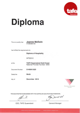 Diploma
Joanne McEwin
41 080981 05
Diploma of Hospitality
s1T50312
TAFE Queensland Gold Coast
National Provider Number 0083
51409912QD
Ninth
December 2014
This is to certify that
has fulfilled the requirements for
at the
Document Number
Dated the
day of
--t
,-
----Nntrounllv REcocNrsED
TRATNtNc
THE QUALIFICATION IS RECOGNISED WITH THE AUSTRALIAN QUALIFICATIONS FRAMEWORK.
CEO, TAFE Queensland General Manager
 