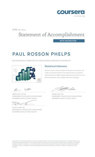coursera.org
Statement of Accomplishment
WITH DISTINCTION
JUNE 29, 2015
PAUL ROSSON PHELPS
HAS SUCCESSFULLY COMPLETED THE JOHNS HOPKINS UNIVERSITY'S OFFERING OF
Statistical Inference
Students receive a broad overview of the goals, assumptions, and
modes of statistical inference. Successful students can perform
inferential tasks in highly targeted settings and are able to use the
skills developed for more complex inferential challenges.
BRIAN CAFFO, PHD, MS
DEPARTMENT OF BIOSTATISTICS, JOHNS HOPKINS
BLOOMBERG SCHOOL OF PUBLIC HEALTH
JEFFREY LEEK, PHD
DEPARTMENT OF BIOSTATISTICS, JOHNS HOPKINS
BLOOMBERG SCHOOL OF PUBLIC HEALTH
ROGER D. PENG, PHD
DEPARTMENT OF BIOSTATISTICS, JOHNS HOPKINS
BLOOMBERG SCHOOL OF PUBLIC HEALTH
PLEASE NOTE: THE ONLINE OFFERING OF THIS CLASS DOES NOT REFLECT THE ENTIRE CURRICULUM OFFERED TO STUDENTS ENROLLED AT
THE JOHNS HOPKINS UNIVERSITY. THIS STATEMENT DOES NOT AFFIRM THAT THIS STUDENT WAS ENROLLED AS A STUDENT AT THE JOHNS
HOPKINS UNIVERSITY IN ANY WAY. IT DOES NOT CONFER A JOHNS HOPKINS UNIVERSITY GRADE; IT DOES NOT CONFER JOHNS HOPKINS
UNIVERSITY CREDIT; IT DOES NOT CONFER A JOHNS HOPKINS UNIVERSITY DEGREE; AND IT DOES NOT VERIFY THE IDENTITY OF THE
STUDENT.
 