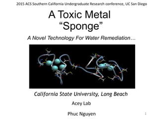 A Toxic Metal
“Sponge”
A Novel Technology For Water Remediation…
California State University, Long Beach
Phuc Nguyen
Acey Lab
1
2015 ACS Southern California Undergraduate Research conference, UC San Diego
 