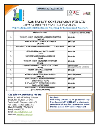 K2S SAFETY CONSULTANCY PTE LTD
K2S SAFETY CONSULTANCY PTE LTD
(MOM ACCREDITED TRAINING PROVIDER)
We provide Quality Safety & Health Training by Experienced Trainers
COURSES OFFERED LANGUAGES CONDUCTED
1. WORK-AT-HEIGHT COURSE FOR ASSESSOR INTEGRATED
(WAH AI)
ENGLISH
2. WORK-AT-HEIGHT COURSE FOR ASSESSOR
(WAH A)
ENGLISH
3. BUILDING CONSTRUCTION SUPERVISORS SAFETY COURSE (BCSS) ENGLISH
4. LIFTING SUPERVISORS SAFETY COURSE
(LSSC)
ENGLISH
5. SHIPYARD SAFETY SUPERVISOR COURSE
(SSSC)
ENGLISH
6. WORK-AT-HEIGHT COURSE FOR SUPERVISOR
(WAH S)
ENGLISH
7. CONSTRUCTION SAFETY ORIENTATION COURSE
(CSOC)
ENGLISH/TAMIL/
BENGALI/MYANMAR/ MANDARIN
8. RIGGER & SIGNALMAN COURSE
(R&S)
ENGLISH
9. WORK-AT-HEIGHT COURSE FOR WORKER
(WAH W)
ENGLISH/TAMIL
10. SHIPYARD SAFETY INSTRUCTION COURSE
(SSIC-GENERAL TRADE)
ENGLISH
11. SHIPYARD SAFETY INSTRUCTION COURSE
(SSIC-PAINTER TRADE)
ENGLISH
12. SHIPYARD SAFETY INSTRUCTION COURSE
(SSIC-HOT WORK TRADE)
ENGLISH
K2S Safety Consultancy Pte Ltd
MOM Accredited Training Provider Bus no 52, 99, 105 from Clem
Blk 26, #01-77, Boon Lay Way,
Trade hub 21, Singapore –609970
Tel: 6686 2465 Fax: 6686 2461
Hari- 93745361 / 81458525
Balaji – 84320080
Email: k2ssafety@gmail.com
Website – www.k2ssafety.com
Bus Guide
From Jurong East MRT 52, 105 get down 7th Stop
From Clementi MRT 52,105 & 99 at interchange
get down at 5th stop then cross the road behind
the main canteen Kimly Seafood Restaurant
YOUR KEY TO SUCCESS PATH
 