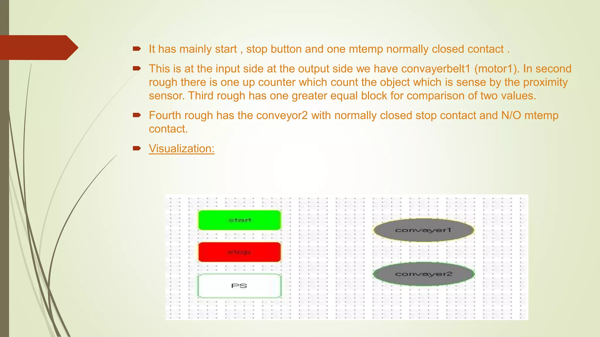  It has mainly start , stop button and one mtemp normally closed contact .
 This is at the input side at the output side we have convayerbelt1 (motor1). In second
rough there is one up counter which count the object which is sense by the proximity
sensor. Third rough has one greater equal block for comparison of two values.
 Fourth rough has the conveyor2 with normally closed stop contact and N/O mtemp
contact.
 Visualization:
 