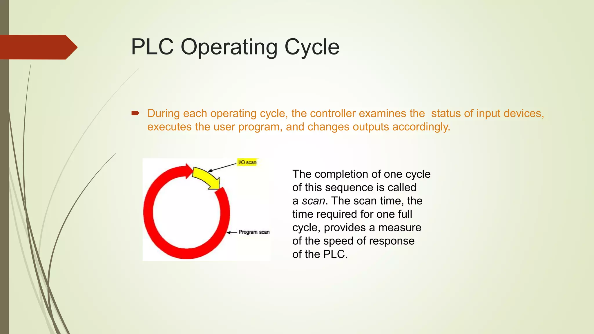 PLC Operating Cycle
 During each operating cycle, the controller examines the status of input devices,
executes the user program, and changes outputs accordingly.
The completion of one cycle
of this sequence is called
a scan. The scan time, the
time required for one full
cycle, provides a measure
of the speed of response
of the PLC.
 