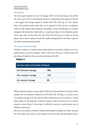 Andreas	Brolund		
CPR	060989-3451	
	 13	
3.6 Product
The five largest operators in the UK manage 29.5% of the self-storage stores (SSA
UK, 2015 pg. 8). 29.5% of the British market is a substantially big amount, as the UK
is the biggest self-storage market in Europe (SSA UK, 2015 pg. 8). This statistic
shows the potential market share that can be gained for first movers or companies
with the right strategy and competitive advantage. If Easy Self-Storage can emulate
companies like Safestore or Big Yellow, it could easily take over the Zambian market.
At the same time, the fact that only 30% (SSA UK, 2015 pg. 8) is taken by the big
players shows there is plenty of room for smaller entrepreneurs to still take a piece of
the market and make decent profits.
3.61 Type of Storage Facility
Container storage is an option many storage operators have been turning to as a low
capital means to enter the industry. Table 5 (SSA UK, 2015 pg. 11) below shows the
percentage of operators that use container storage in the UK.
While container storage is a good option if there are financial barriers of entry into the
industry, the vast majority of operators (78%) (SSA UK, 2015 pg. 11), chose to have
no container storage at all. This indicates that constructing your own facility is a much
better option (in the long-run). Container storage could be perceived as not safe for
storage to some clients. It also makes it difficult to provide a good product mix of
different sized rooms.
However, the market in Zambia is almost undeveloped so people are mostly unaware
the self-storage even exists, so they might not have the same bad perception about it
 