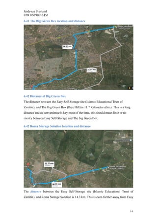 Andreas	Brolund		
CPR	060989-3451	
	 32	
6.41 The Big Green Box location and distance
6.42 Distance of Big Green Box
The distance between the Easy Self-Storage site (Islamic Educational Trust of
Zambia), and The Big Green Box (Ibex Hill) is 11.7 Kilometers (km). This is a long
distance and as convenience is key most of the time, this should mean little or no
rivalry between Easy Self-Storage and The big Green Box.
6.42 Roma Storage Solution location and distance
The distance between the Easy Self-Storage site (Islamic Educational Trust of
Zambia), and Roma Storage Solution is 14.3 km. This is even further away from Easy
 