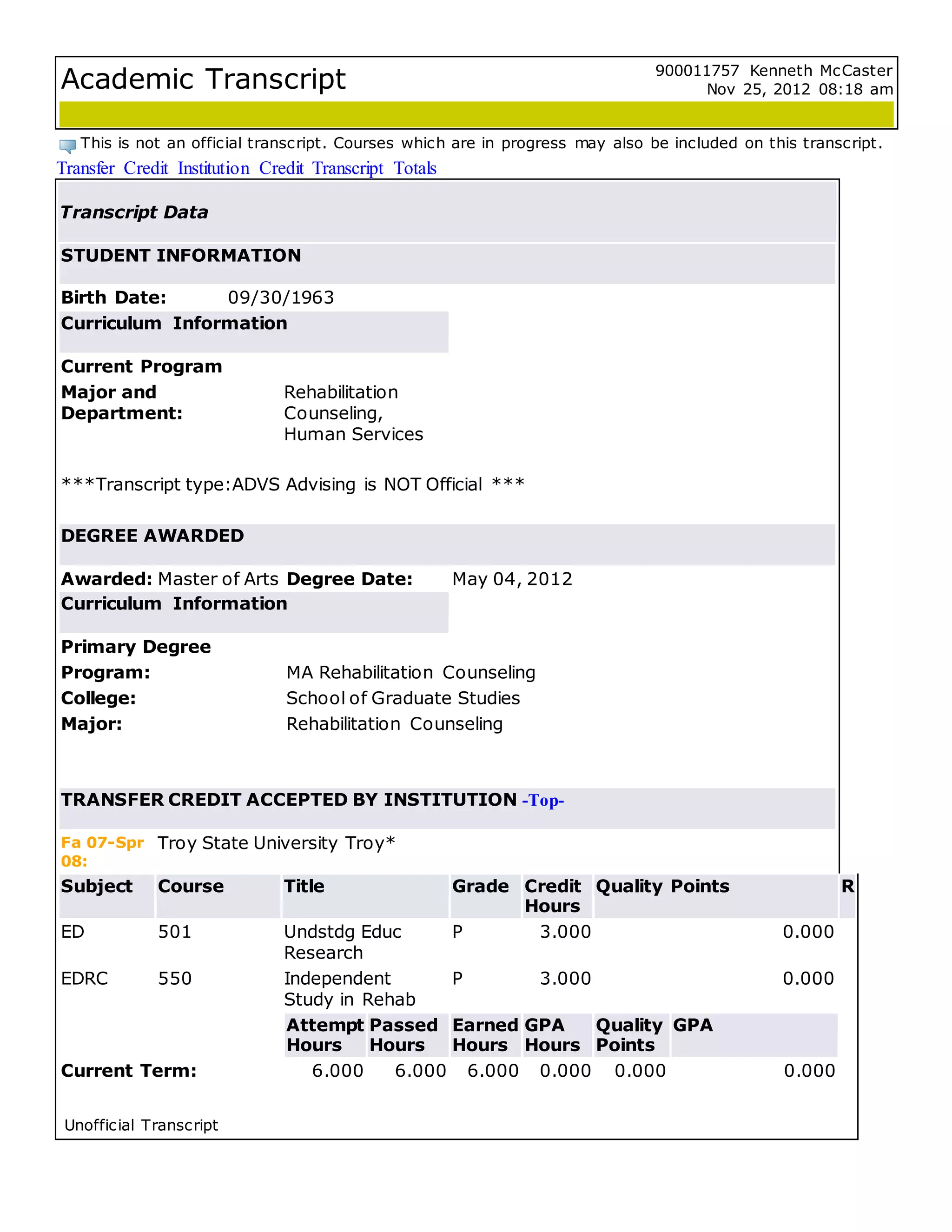South Carolina State Academic Transcript (1) | PDF