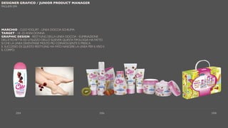 2004 2006 2008
DESIGNER GRAFICO / JUNIOR PRODUCT MANAGER
PAGLIERI SPA
MARCHIO - CLEOYOGURT - LINEA DOCCIA SCHIUMA
TARGET - 18 -25 ANNI DONNA
GRAPHIC DESIGN - RESTYLING DELLA LINEA DOCCIA - ELIMINAZIONE
DELL’ETICHETTA ED UTILIZZO DELLO SLEEVER. QUESTATIPOLOGIA HA FATTO
SI CHE LA LINEA DIVENTASSE MOLTO PIÙ COINVOLGENTE E FRESCA
IL SUCCESSO DI QUESTO RESTYLING HA FATO NASCERE LA LINEA PER ILVISO E
IL CORPO.
 