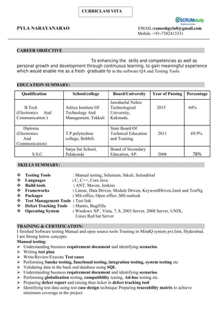 PYLA NARAYANARAO EMAIL:rameshpyla0@gmail.com
Mobile :+91-7382413331
CAREER OBJECTIVE
To enhancing the skills and competencies as well as
personal growth and development through continuous learning, to gain meaningful experience
which would enable me as a fresh graduate to in the software QA and Testing Tools.
EDUCATION SUMMARY:
Qualification School/college Board/University Year of Passing Percentage
B.Tech
(Electronics And
Communication )
Aditya Institute Of
Technology And
Management, Tekkali
Jawaharlal Nehru
Technological
University,
Kakinada.
2015 64%
Diploma
(Electronics
And
Communication)
T.P polytechnic
college, Bobbili.
State Board Of
Technical Education
and Training
2011 69.9%
S.S.C.
Satya Sai School,
Palakonda
Board of Secondary
Education, AP. 2008 76%
SKILLS SUMMARY:
 Testing Tools : Manual testing, Selenium, Sikuli, Selendriod
 Languages : C, C++, Core Java
 Build tools : ANT, Maven, Jenkins
 Frameworks : Linear, Data Driven, Module Driven, KeywordDriven,Junit and TestNg
 Packages : MS-office, Open office ,MS-outlook
 Test Management Tools : Test link
 Defect Tracking Tools : Mantis, BugZilla
 Operating System : Windows XP , Vista, 7, 8, 2003 Server, 2008 Server, UNIX,
Linux Red hat Server
TRAINING & CERTIFICATION:
I finished Software testing Manual and open source tools Training in MindQ system pvt.limt, Hyderabad.
I am Strong below concepts:
Manual testing:
 Understanding business requirement document and identifying scenarios.
 Writing test plan
 Write/Review/Execute Test cases
 Performing Smoke testing, functional testing, integration testing, system testing etc
 Validating data in the back end database using SQL
 Understanding business requirement document and identifying scenarios.
 Performing globalization testing, compatibility testing, Ad-hoc testing etc.
 Preparing defect report and raising then ticket in defect tracking tool
 Identifying test data using test case design technique Preparing traceability matrix to achieve
minimum coverage in the project
CURRICLAM VITA
 