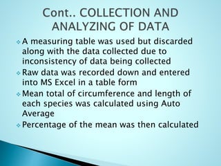  A measuring table was used but discarded
along with the data collected due to
inconsistency of data being collected
 Raw data was recorded down and entered
into MS Excel in a table form
 Mean total of circumference and length of
each species was calculated using Auto
Average
 Percentage of the mean was then calculated
 